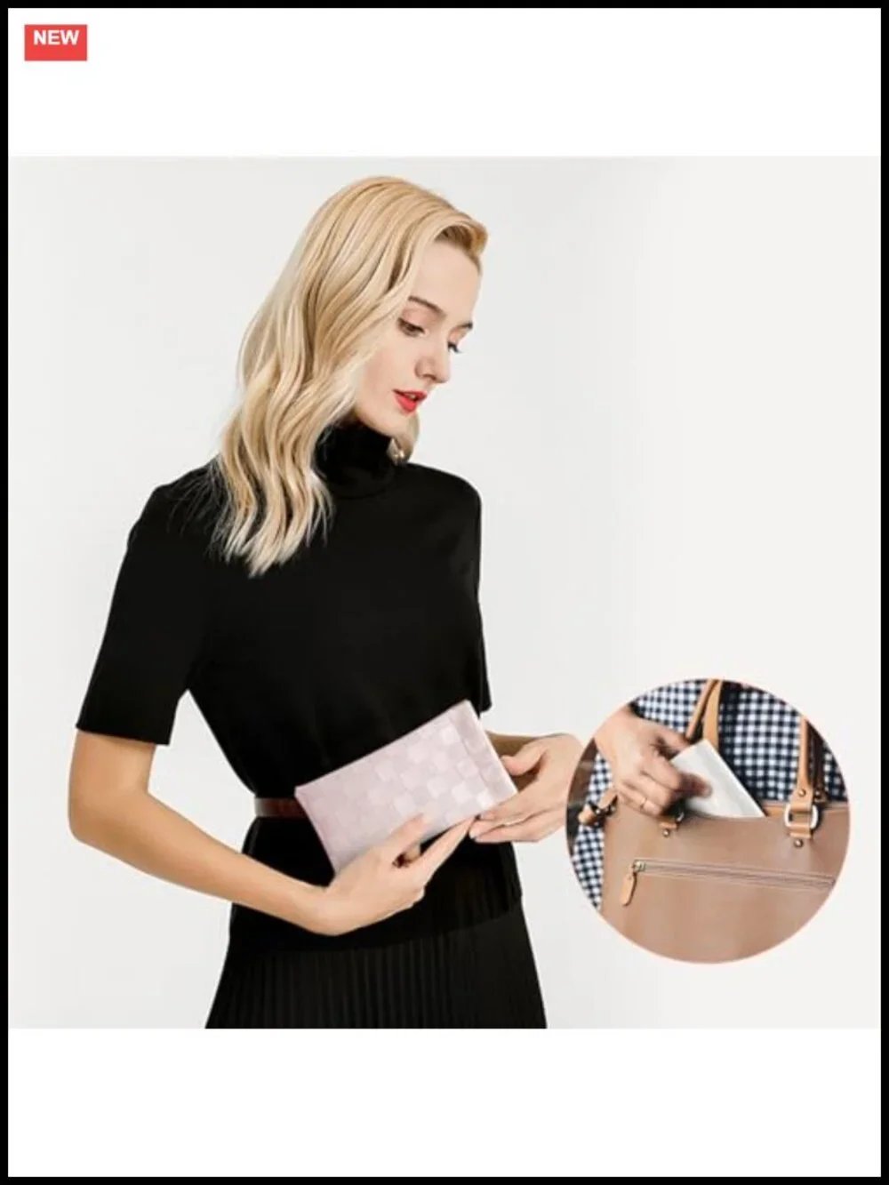 Waterproof Leather Checkered Cosmetic Bags for Women Set of 4 No Zipper